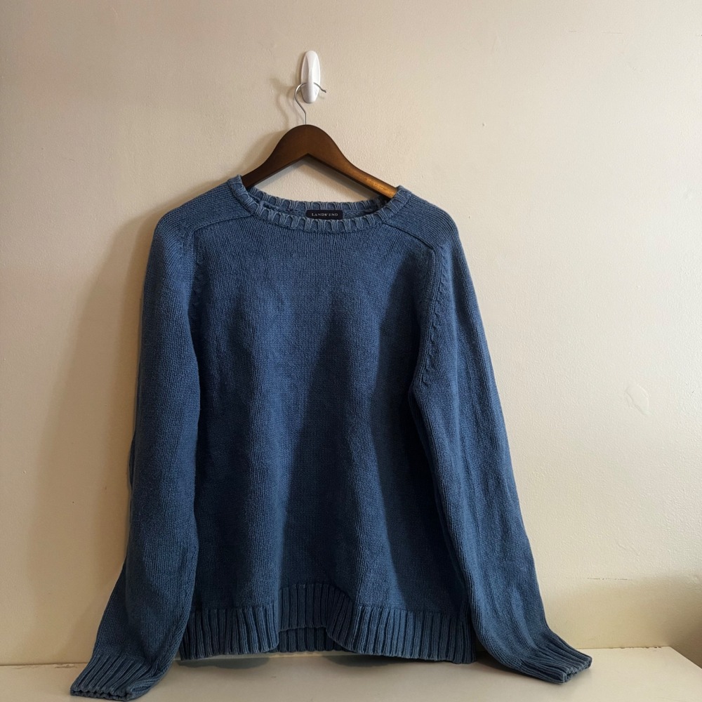 VTG Lands End Womens Sz Lg Blue Crew Neck 100% Cotton Sweater Coastal Fisherman